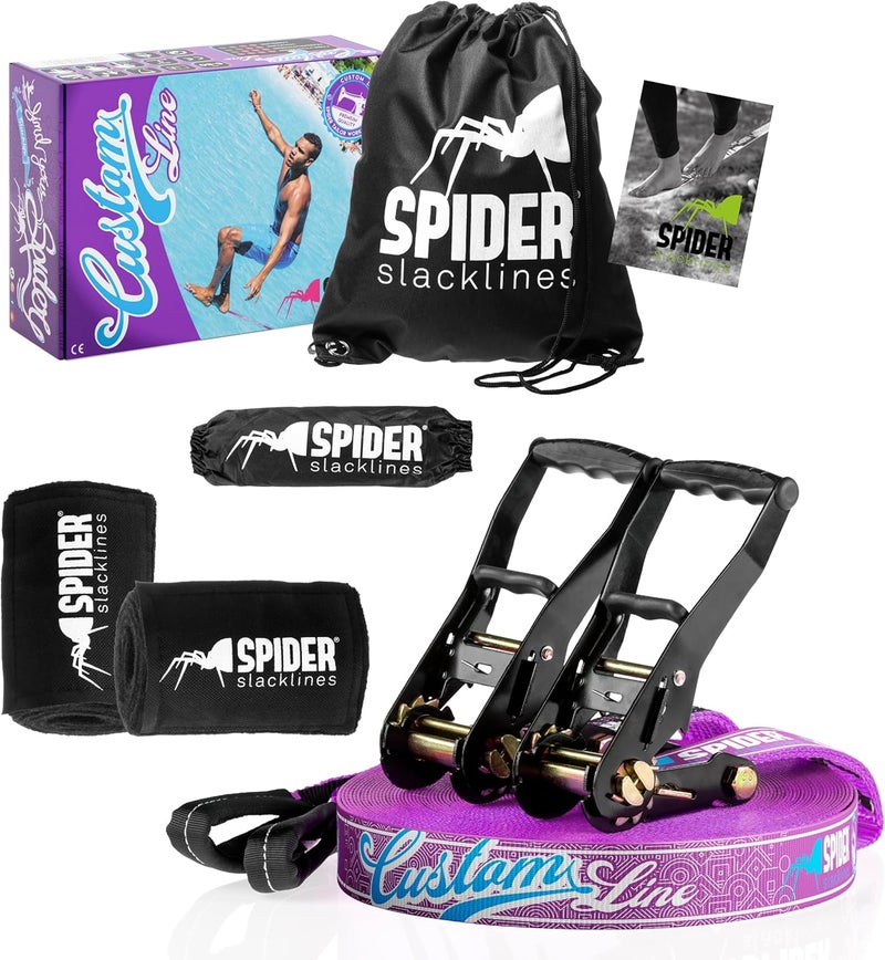 Spider Slacklines - Custom Slackline Kit for Experienced or First-time slackliners with Balancing - Complete Set of Webbing Length 35m with 2X Ratchets - Image 1